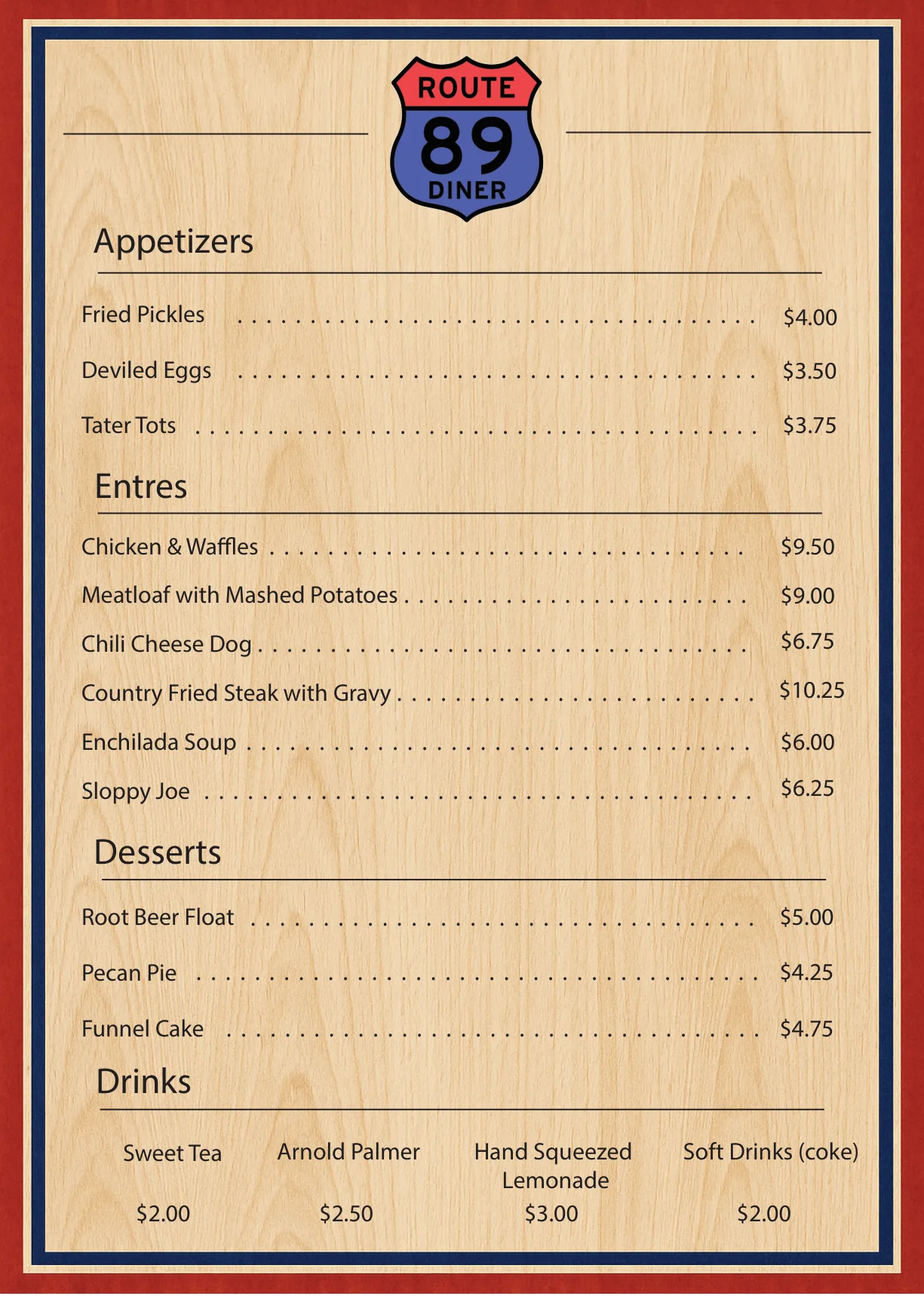 英語だけのメニュー例